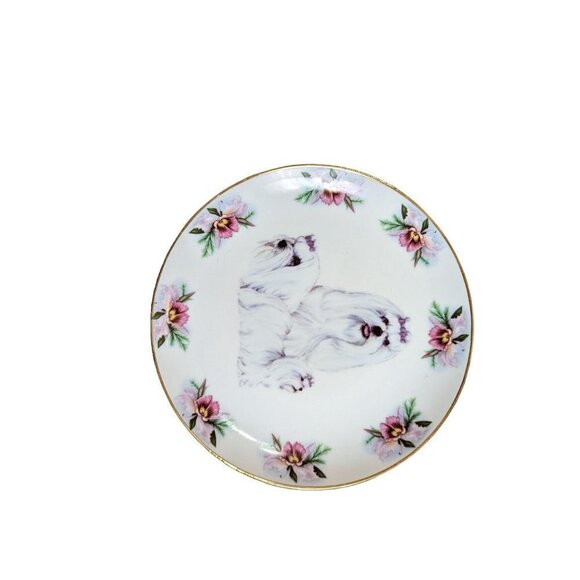 Maltese dog plate pink gold  tone trim  8"  home decor accents - Picture 5 of 7